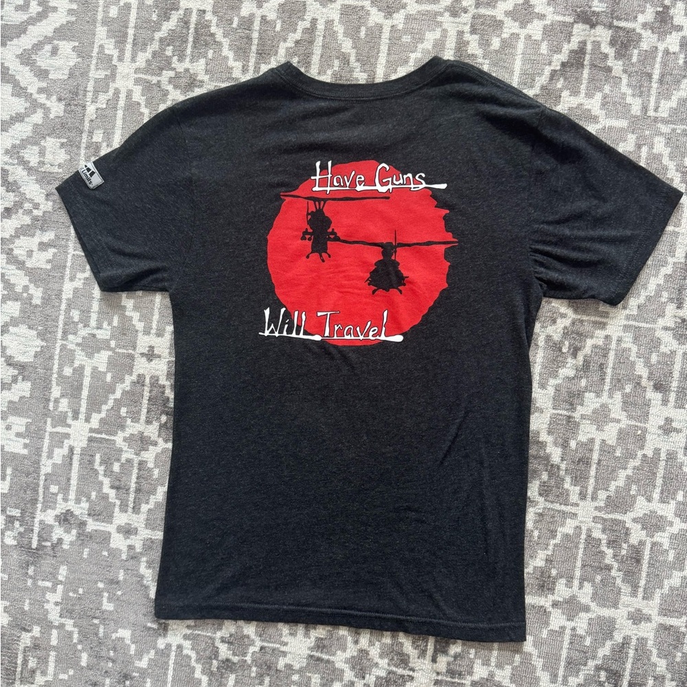 WARRIORS Have Guns Will Travel Women Small Black Military Tee Red Graphic Print
